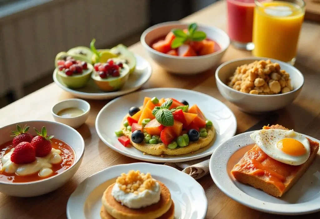 A colorful breakfast spread featuring high-protein gut-friendly dishes including Greek yogurt parfaits with berries and nuts, avocado toast topped with eggs and kimchi, tofu scramble with vegetables, smoked salmon bagels, and smoothie bowls.