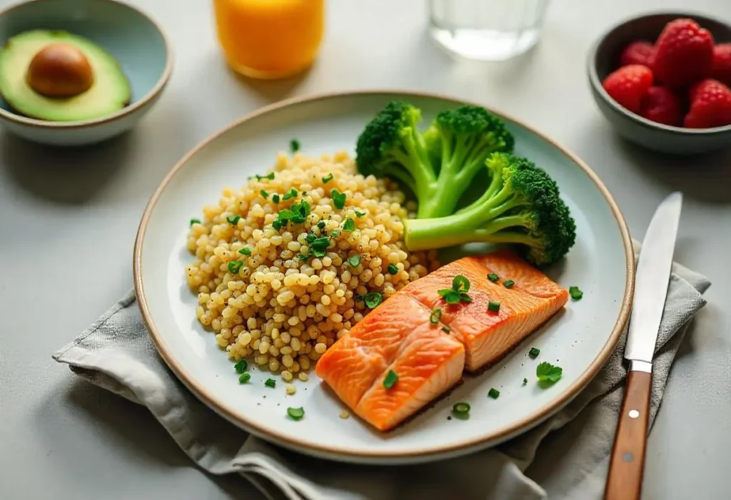 A balanced diabetic-friendly meal with salmon, quinoa, broccoli, avocado, and berries arranged on a clean plate.