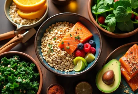 Healthy foods that help lower blood sugar, including leafy greens, berries, whole grains, salmon, avocado, and spices