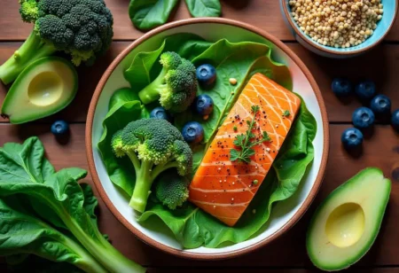 A top-down view of diabetes-friendly foods including leafy greens, quinoa, salmon, and berries on a wooden table.