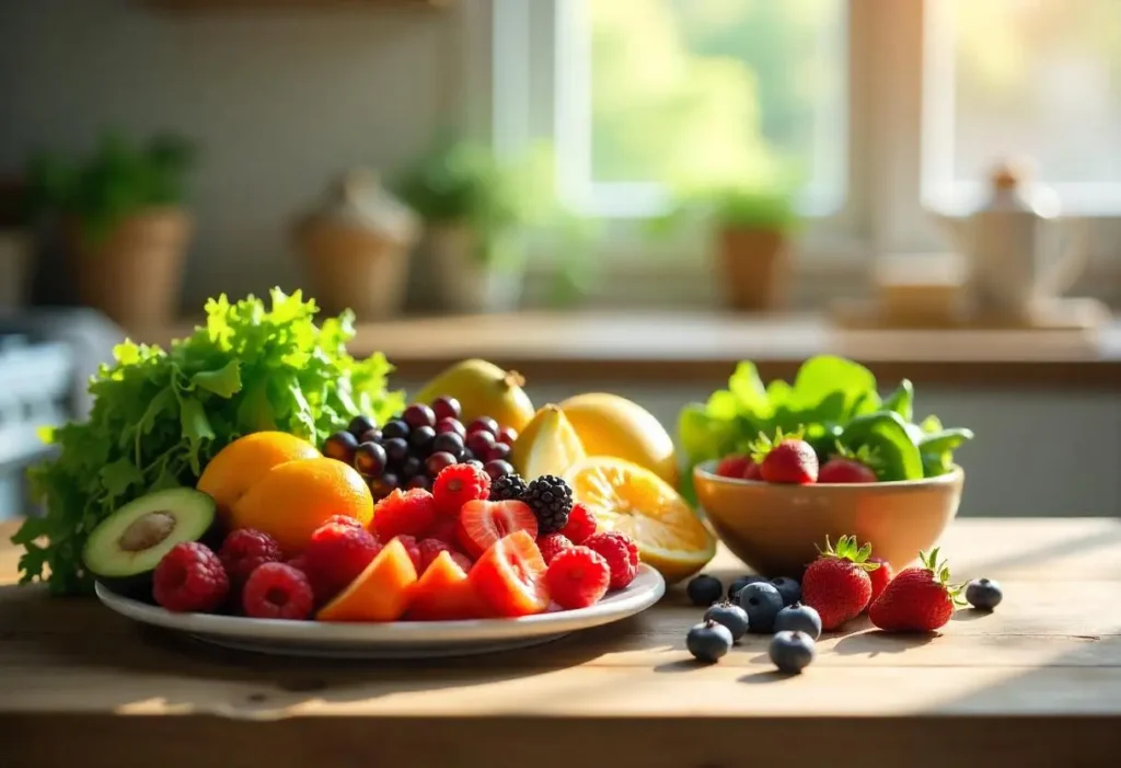 A colorful assortment of low glycemic foods including fresh vegetables, fruits, whole grains, legumes, lean proteins, and healthy fats arranged on a wooden table.