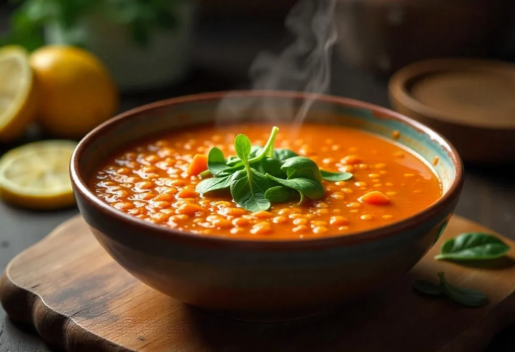 Vegan red lentil soup garnished with spinach and lemon