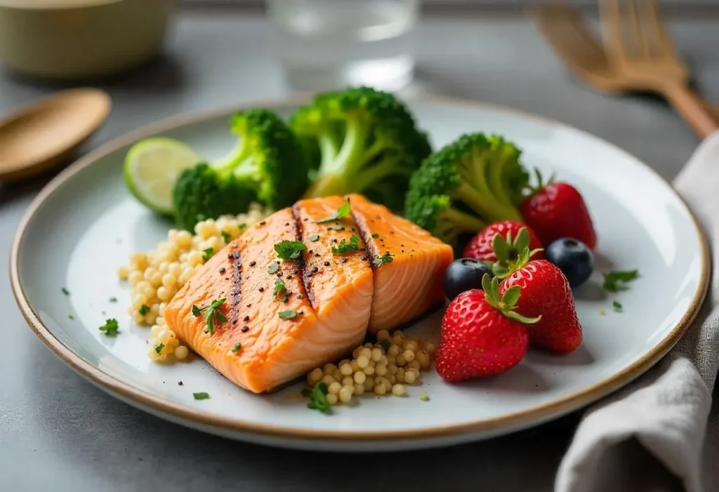 Illustration of a balanced plate showing appropriate portions of vegetables, lean protein, whole grains, and healthy fats, with labeled nutritional values.