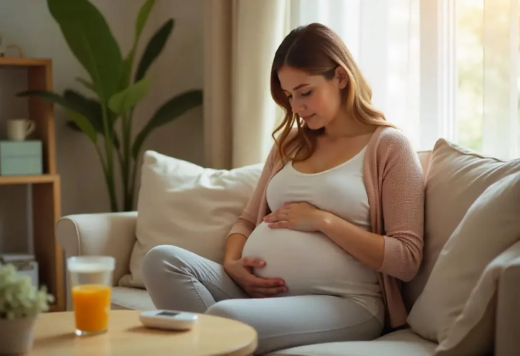Pregnant woman checking blood sugar with a glucose meter beside healthy foods on a table.