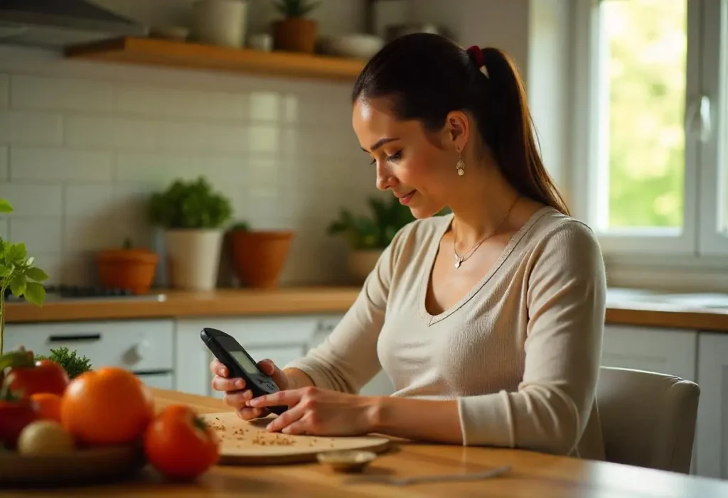 Pregnant woman checking blood sugar levels with a glucose meter, surrounded by healthy foods like fruits and vegetables.