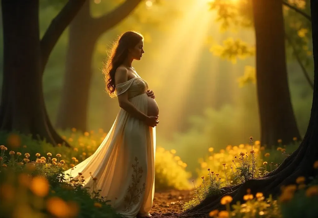 Pregnant woman using a glucometer to check her blood sugar level at home.