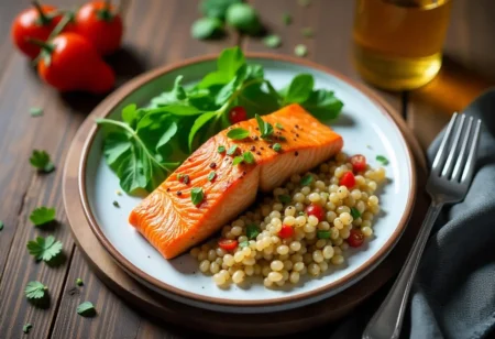Diabetic-friendly meal with grilled salmon, quinoa salad, and vegetables on a wooden table