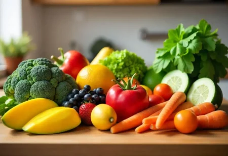 Fresh fruits and vegetables suitable for diabetics on a kitchen counter