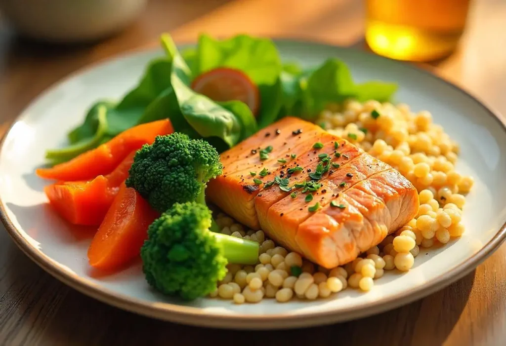 Healthy balanced meal with vegetables, salmon, and quinoa for blood sugar control