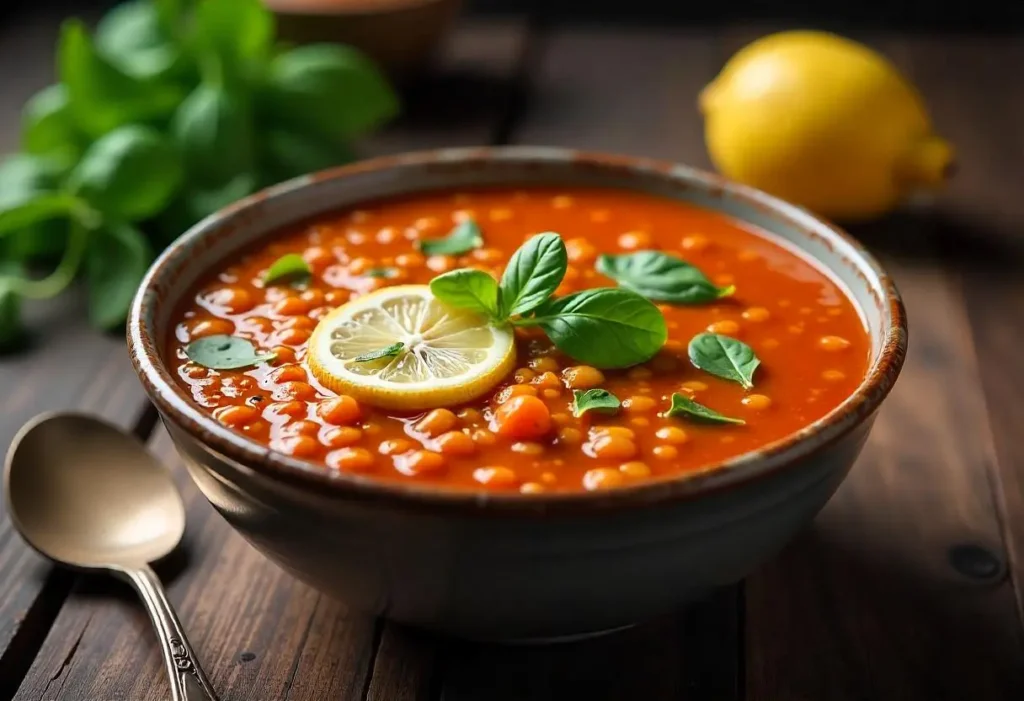 Vegan Lentil Soup That Supports Blood Sugar Control 1 Vegan red lentil soup garnished with spinach and lemon