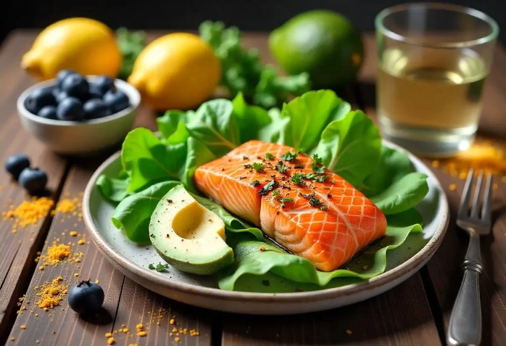A top-down view of no sugar diet foods including grilled salmon, avocado, leafy greens, colorful vegetables, berries, and a glass of lemon water on a rustic wooden table.