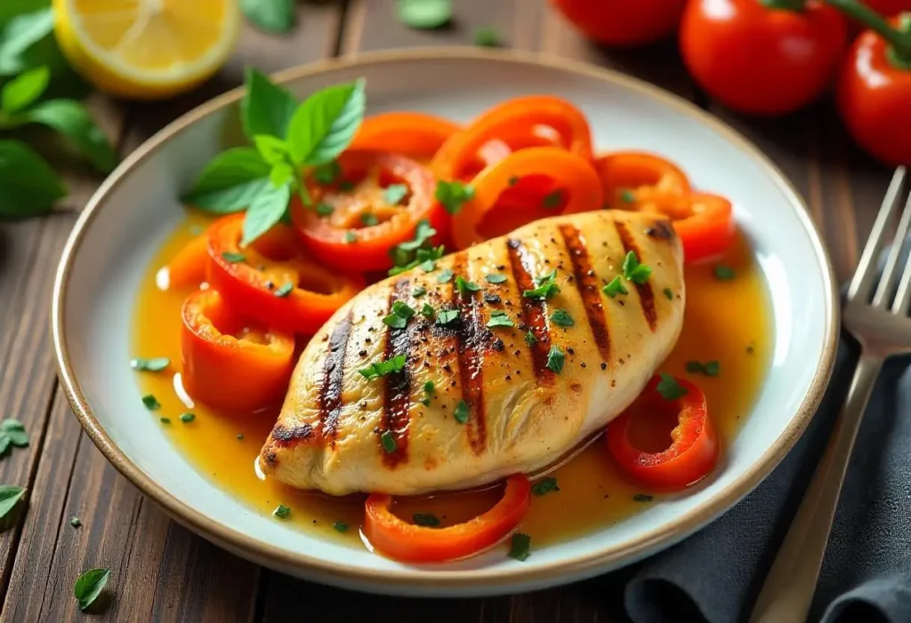 Grilled chicken breast with roasted vegetables on a rustic plate, ideal for a diabetic-friendly dinner.