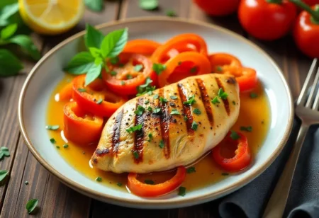 Grilled chicken breast with roasted vegetables on a rustic plate, ideal for a diabetic-friendly dinner.