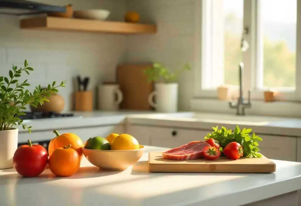 A bright, modern kitchen filled with fresh, whole foods representing a sugar-free lifestyle.