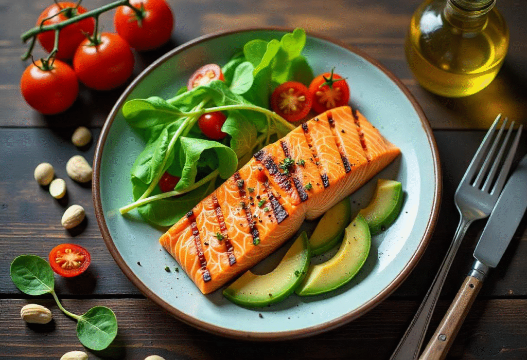 Flat lay photo of a low carb meal including salmon, avocado, leafy greens, tomatoes, olive oil, and nuts on a wooden table.