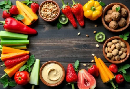 A flat lay of healthy low-calorie snacks including fruits, vegetables with hummus, yogurt, trail mix, and energy balls on a wooden table.