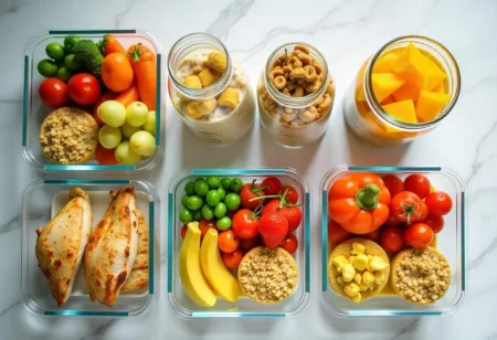 Meal prep containers filled with healthy diabetic-friendly meals on a modern kitchen counter.