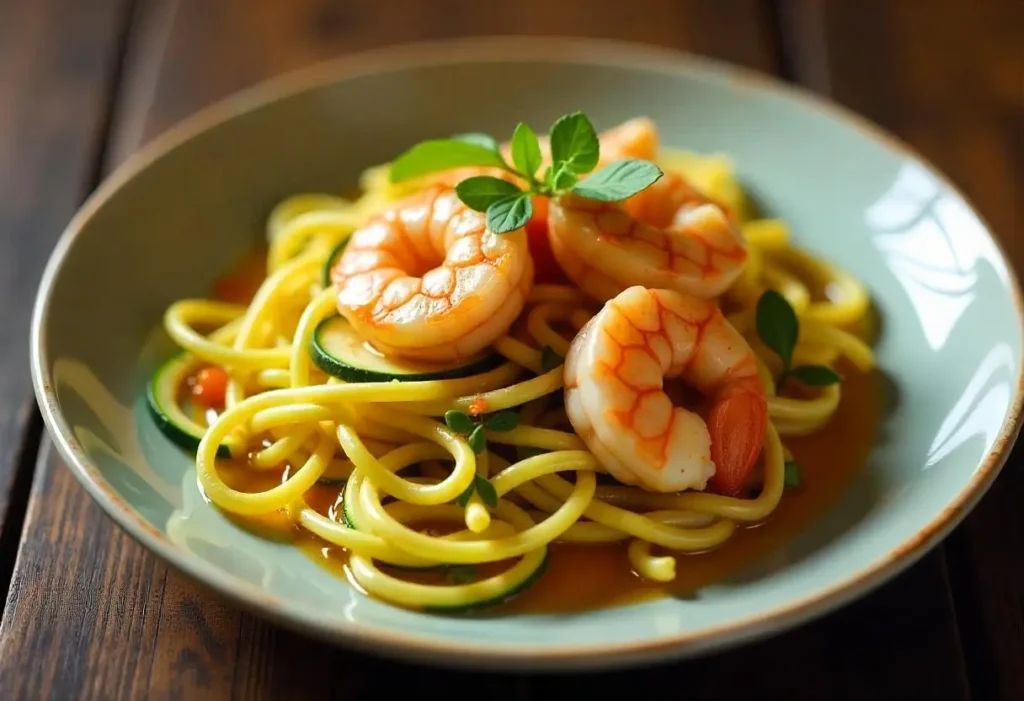 Healthy shrimp dinner with zucchini noodles
