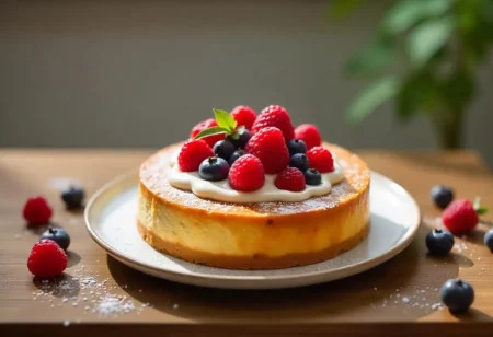 Diabetic-friendly cake topped with berries and cream