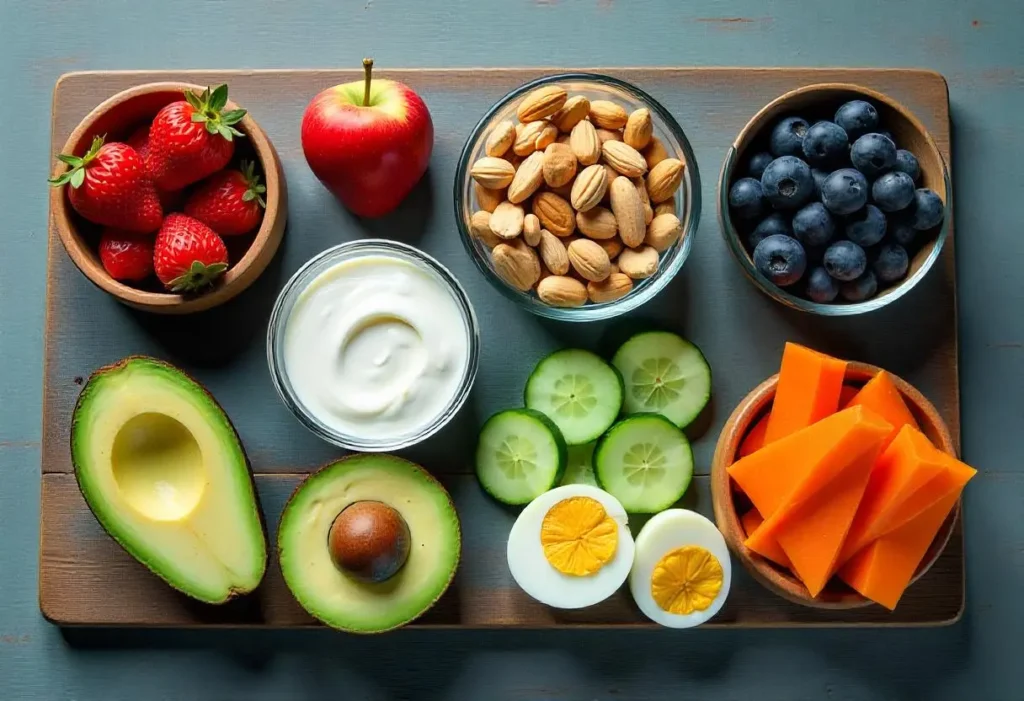 Healthy diabetic snack options with fruit, nuts, and veggies