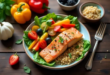 Balanced prediabetic-friendly meal with salmon, quinoa, vegetables, and berries on a wooden table