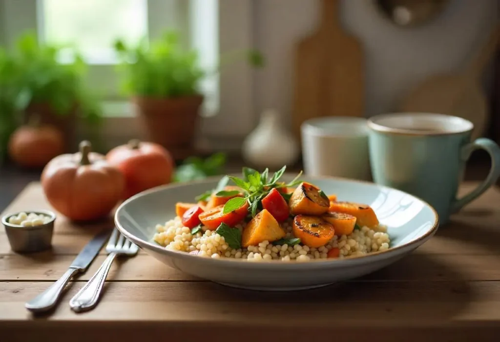 A healthy diabetic-friendly meal featuring grilled salmon, fresh vegetables, quinoa, avocado, and lemon water on a wooden table.