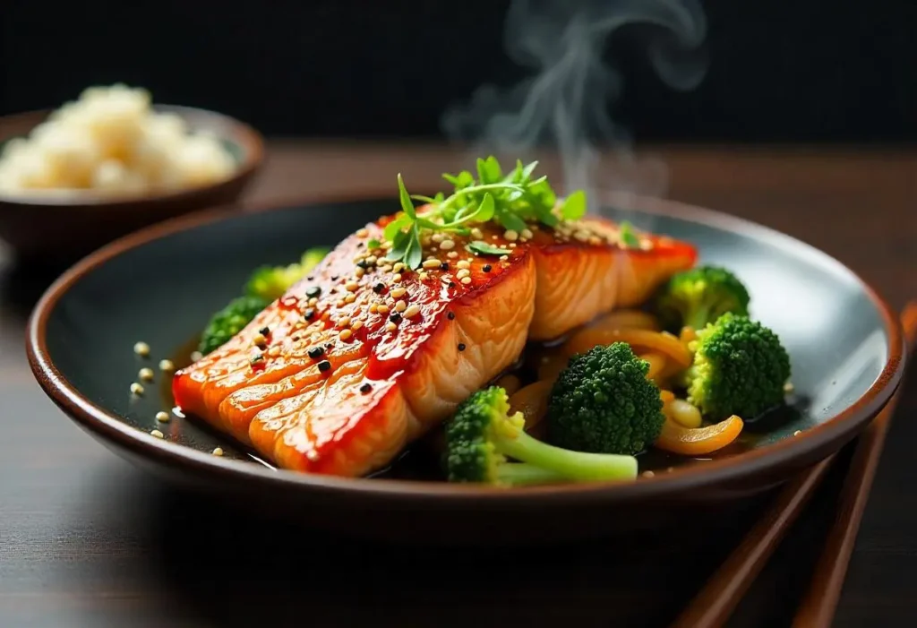 Garlicky salmon fillet served with sautéed broccoli and lemon garnish on a ceramic dinner plate