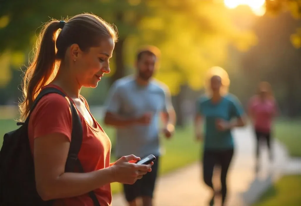 A diverse group of people managing diabetes through healthy activities like glucose monitoring, exercising, meal prepping, and attending a support group.