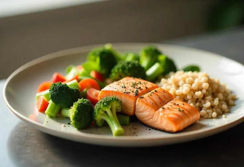 A diabetes-friendly meal featuring grilled salmon, quinoa, and colorful non-starchy vegetables on a plate, demonstrating healthy portion control.