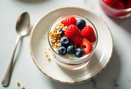 A close-up of a colorful Greek yogurt parfait with berries and granola, a healthy low-calorie, diabetes-friendly breakfast option.