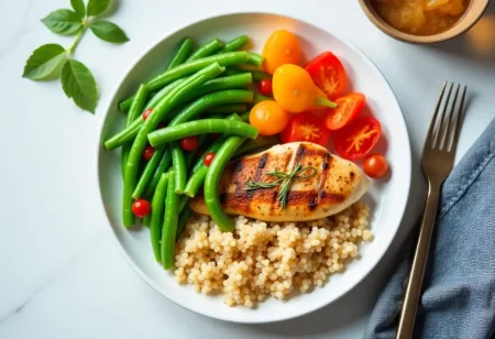A balanced diabetic-friendly dinner plate featuring grilled chicken, brown rice, and steamed vegetables, illustrating healthy eating for blood sugar control.