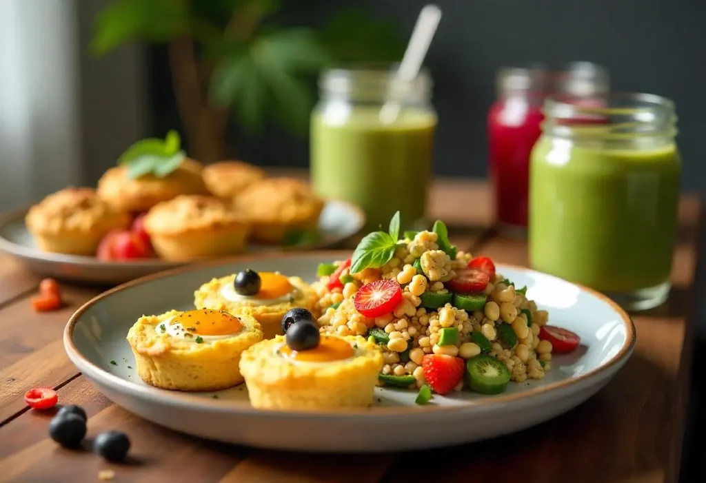 Healthy diabetic breakfast spread with egg muffins, scrambled eggs, overnight oats, quinoa bowl, smoothie, and yogurt parfait.