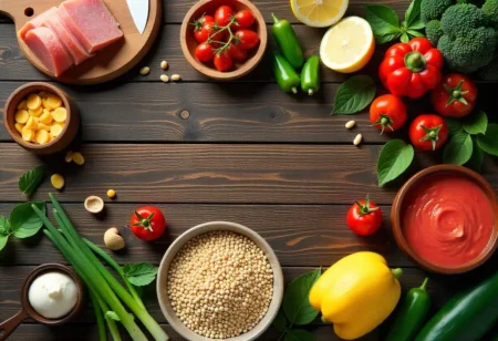 Diabetes-friendly foods including whole grains, lean proteins, and vegetables