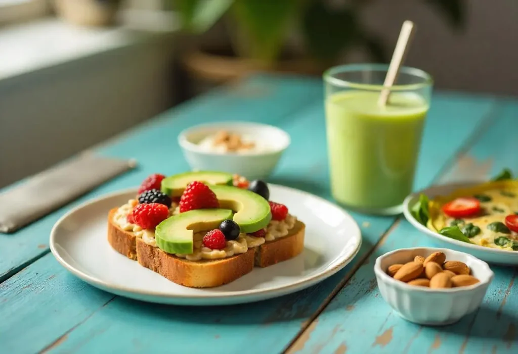 Healthy diabetic breakfast with avocado toast, oatmeal, vegetable omelette, and smoothie