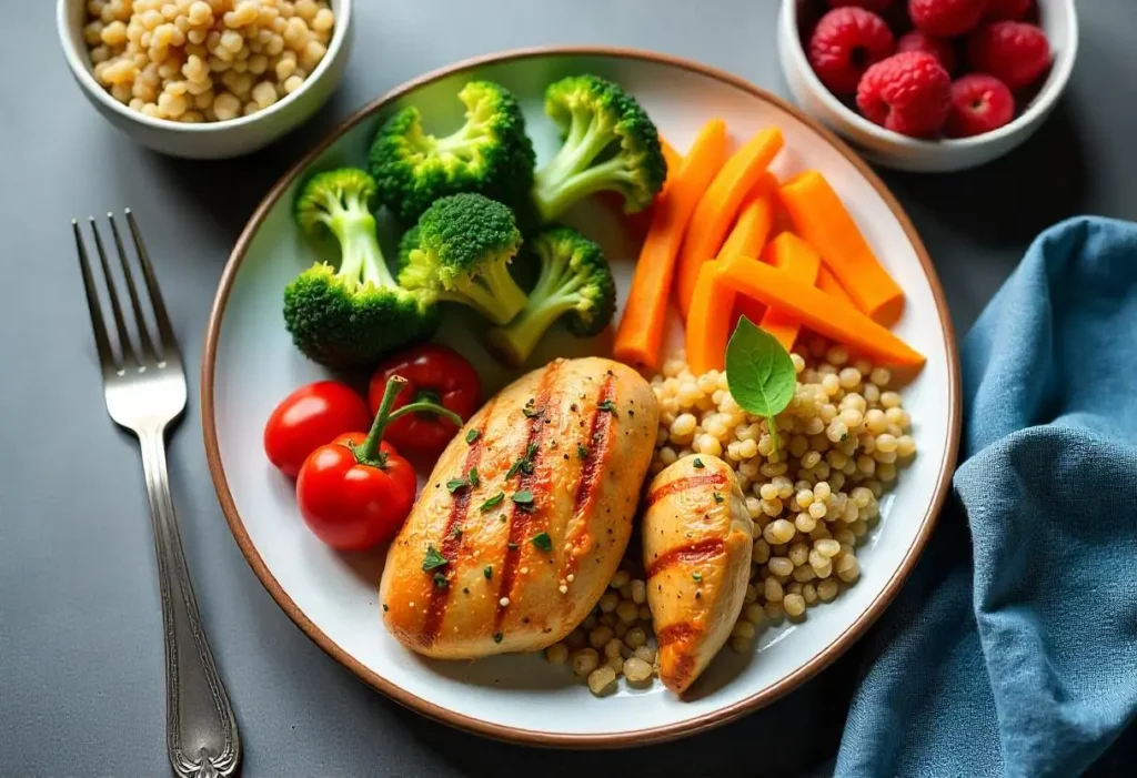 Diabetic-friendly balanced meal with vegetables, protein, and grains