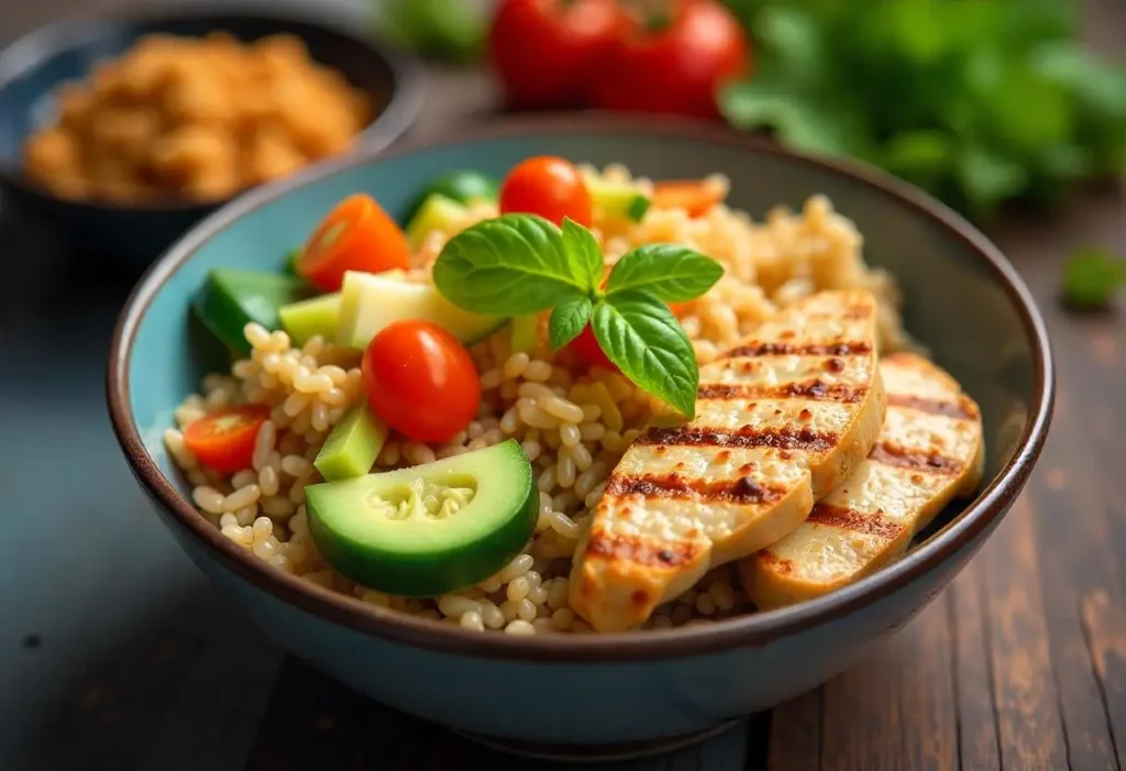 A healthy diabetic-friendly meal with brown rice, grilled chicken, and steamed vegetables on a white plate.