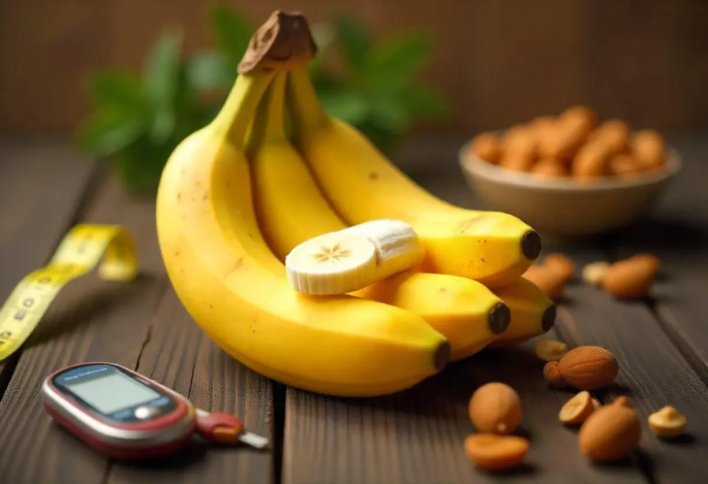Fresh bananas with sliced banana, glucose meter, and nuts on wooden table