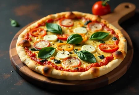 Healthy diabetes-approved pizza with vegetables and low-carb crust