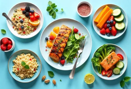 Colorful infographic showing a 7-day diabetic meal plan with healthy meals including oatmeal, grilled chicken salad, baked salmon, and fresh vegetables.