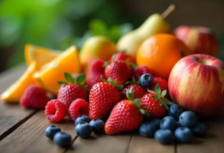 Assortment of diabetic-friendly fruits including berries, apples, pears, and citrus on rustic wooden table.