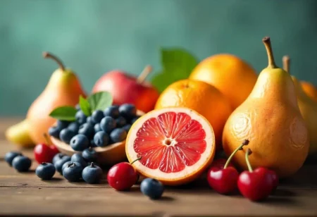 Diabetic-friendly fruits including berries, apples, citrus, pears, and cherries arranged on a wooden table.