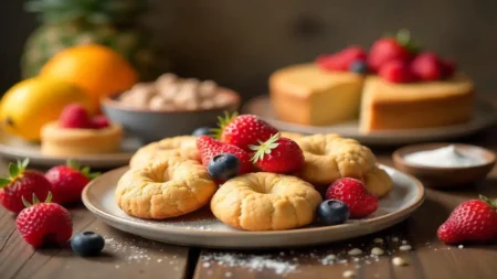 Assorted diabetic-friendly sugar-free desserts including cookies, cakes, and fresh berries on a wooden table.