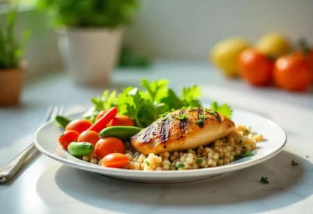 Healthy diabetic dinner with grilled chicken and vegetables