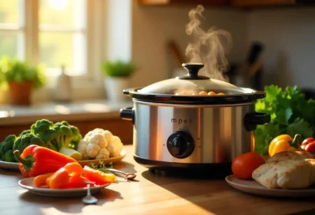 Diabetic-friendly slow cooker meal with fresh vegetables and lean chicken in a cozy kitchen setting.