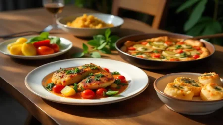 Gestational diabetes-friendly healthy dinner meals on a wooden table