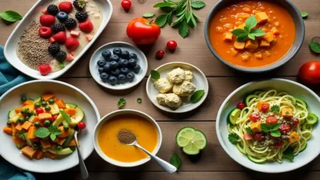 Colorful vegan diabetic meal spread with healthy dishes