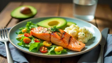 Low-carb healthy meal with grilled salmon and roasted vegetables for diabetes management