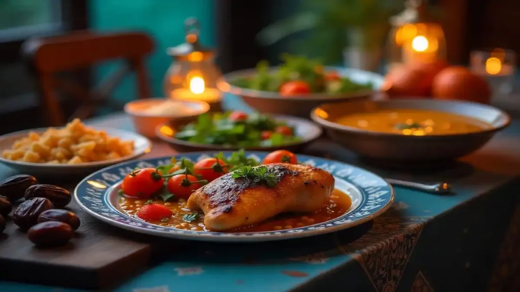 Healthy diabetic-friendly Ramadan meal with grilled chicken, salad, and soup on an iftar table