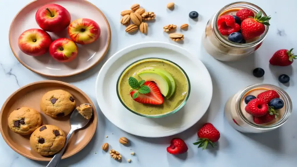 Diabetic-friendly desserts including fruit, chocolate, and yogurt options